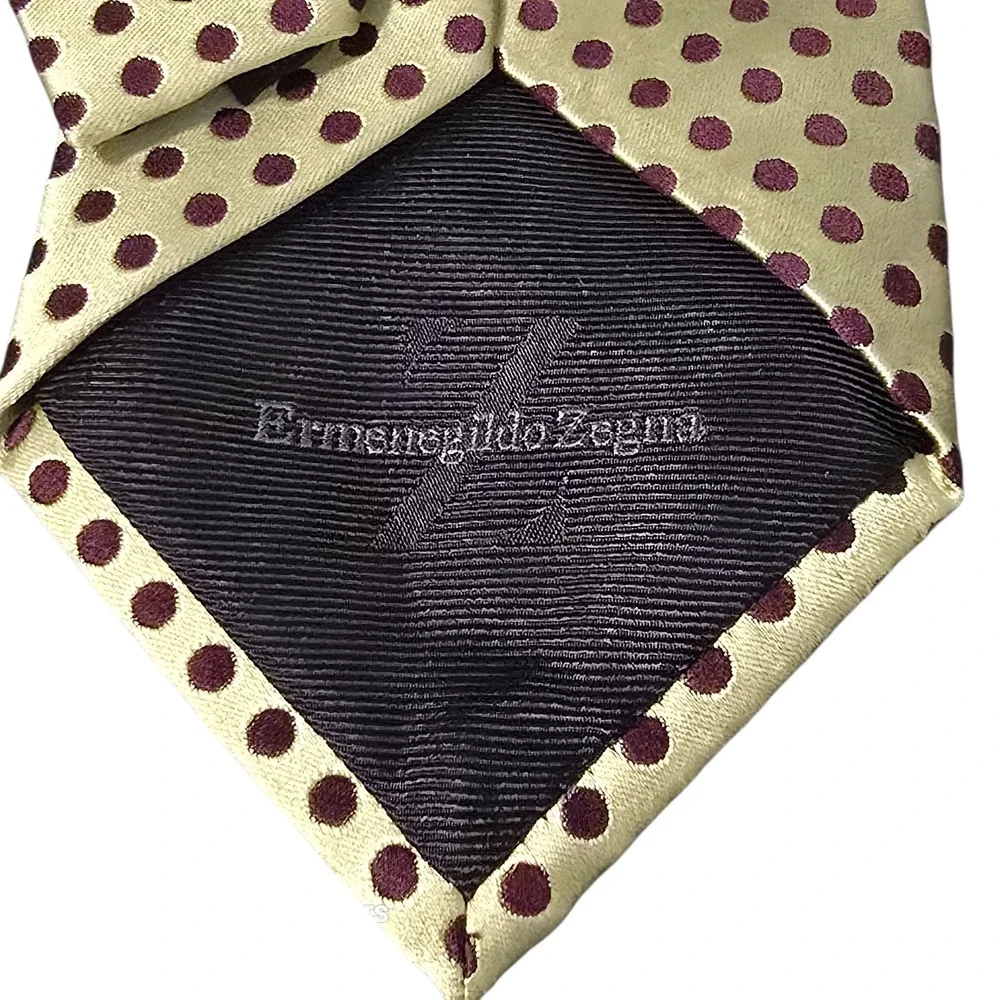 Ermenegildo Zegna Silk Tie Gold Brown Polka Dot Italian Designer Mens Wide‎